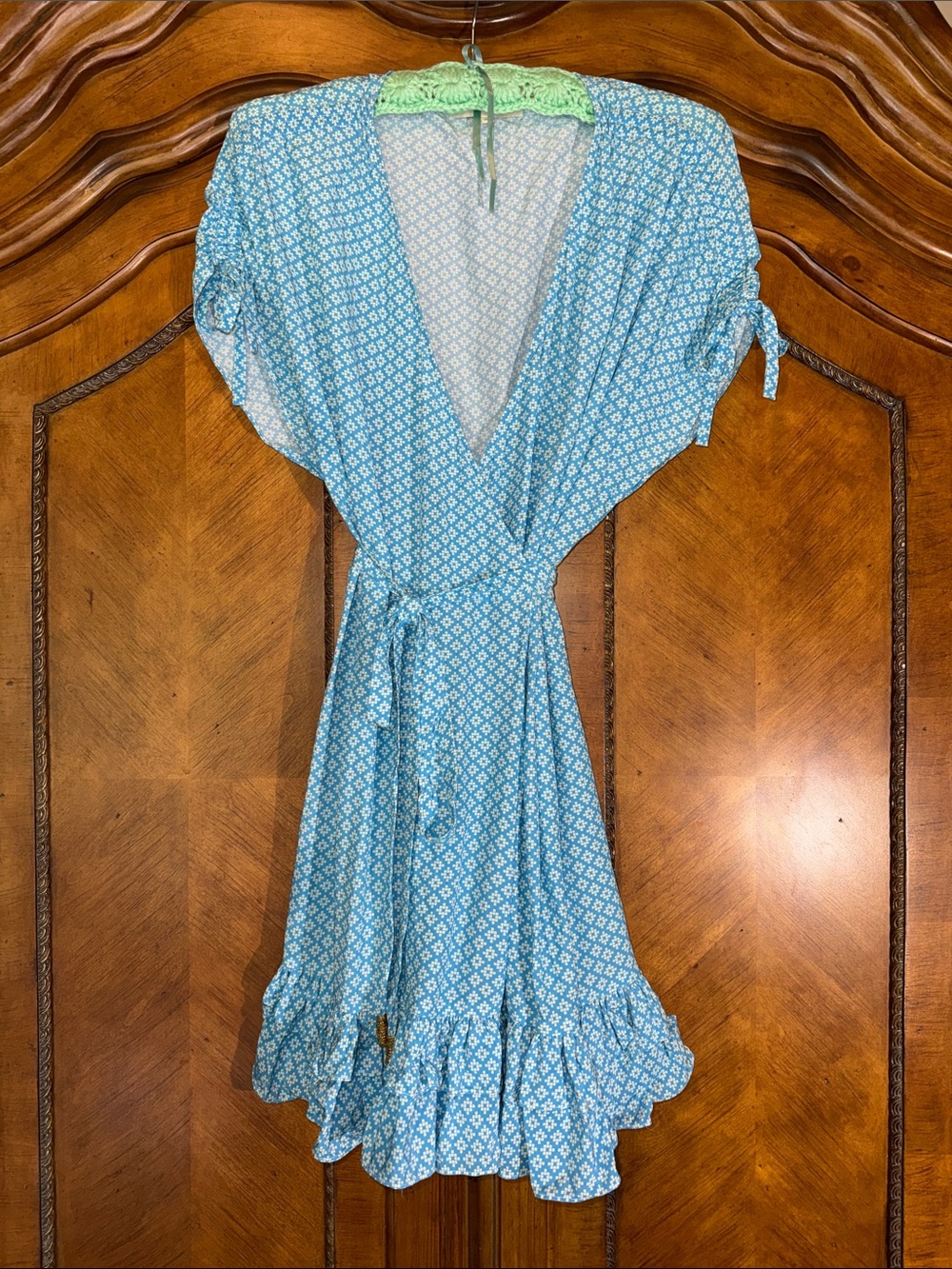 Light Blue Patterned Wrap Dress with Ruffle Hem